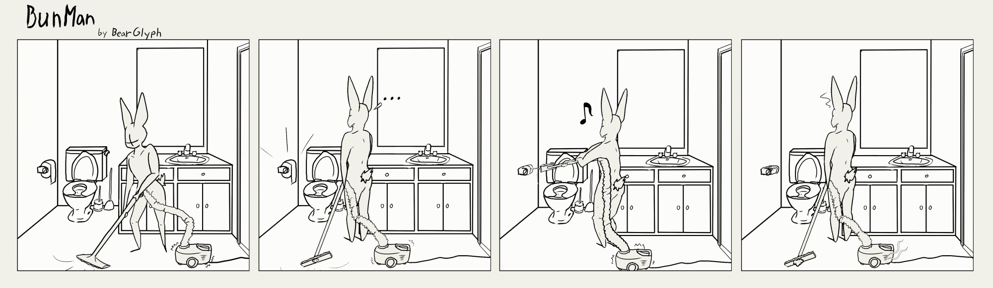 Bunman is vacuuming his bathroom when he notices the nearly full roll of toilet paper. Unable to control his urge, he vacuums the roll of toilet paper while gleefully humming. In the last frame, he looks at the empty roll dejectedly, the vacuum attachment clogged, and the vacuum itself beginning to smoke.